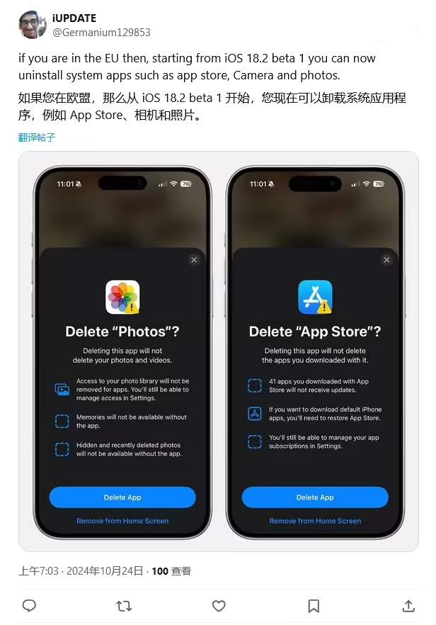 杨浦苹果手机维修分享iOS 18.2 支持删除 App Store 应用商店 